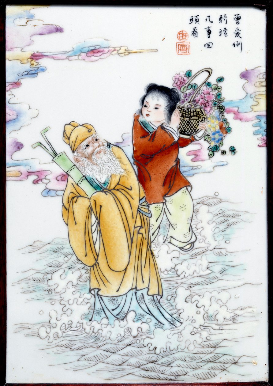 Alegoria wiosny Kobieta trzyma kosz kwiatów i staruszek spaceru w sprayu. Malowanie na anonimowej porcelanie, Chiny autorstwa School Chinese