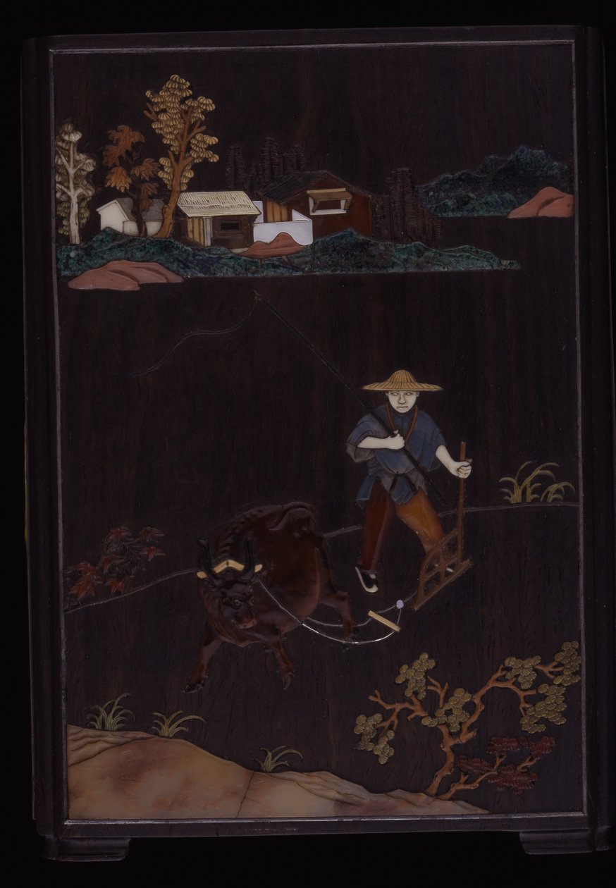 Garnek ze scenami wiejskich pościgów (różne intarsje z drewna cytanowego) autorstwa School Chinese