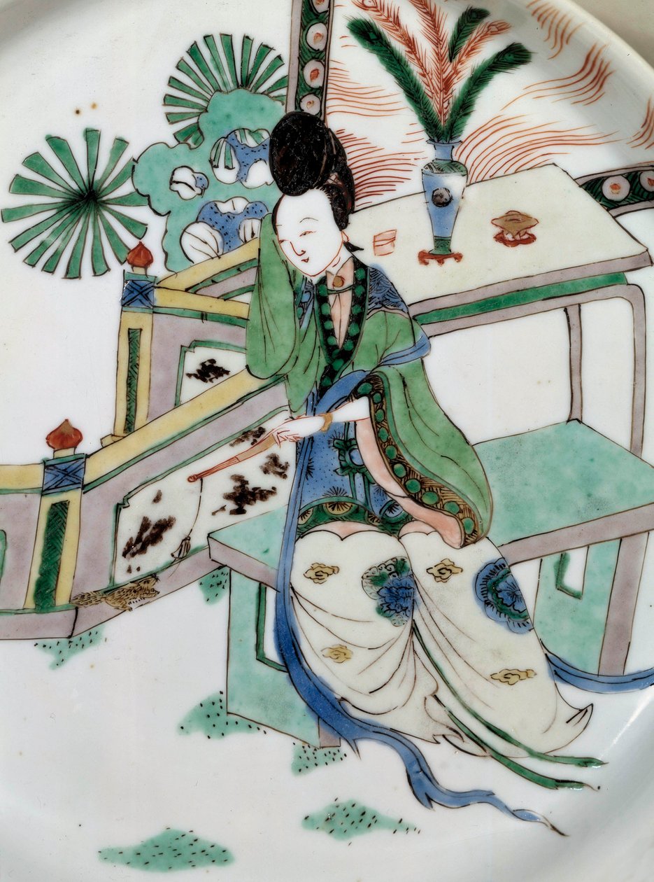 Sztuka chińska: pani odwraca się na ławce. Malowanie na porcelanie z XVIII wieku. Paryż, Muzeum Guimet, Narodowe Muzeum Sztuki Azjatyckiej autorstwa School Chinese