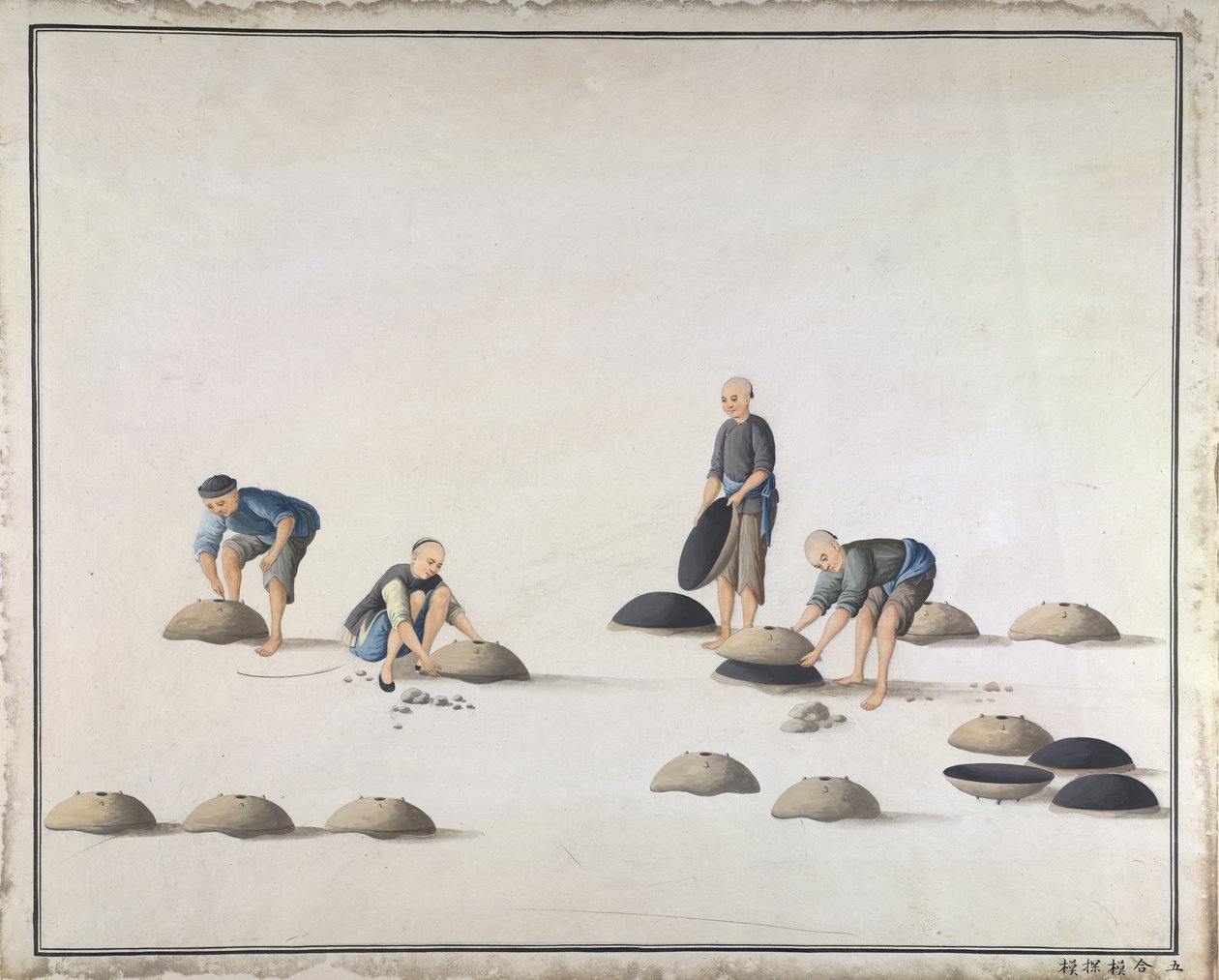 „Zamknij połówki formy i zbadaj formę”, produkcja żeliwa w Chinach, ok. 1820 r. (akwarela na papierze) autorstwa School Chinese