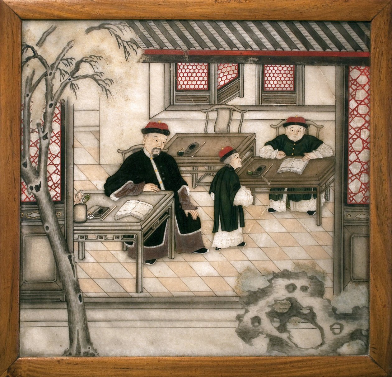 Dekoracyjna marmurowa płyta przedstawiająca litery w ich szafce. Malowany marmur, dynastia Qing (1644-1911), sztuka chińska. Musee d