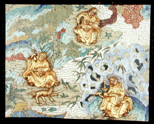 Fragment pary tablic przedstawiających buddyjskie postacie w krajobrazie, okres Qianlong autorstwa School Chinese