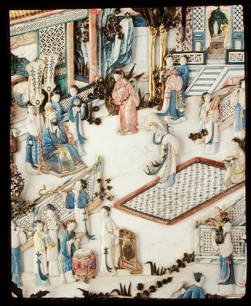 Fragment panelu przedstawiający dygnitarza obserwującego tancerkę, okres Qianlong autorstwa School Chinese