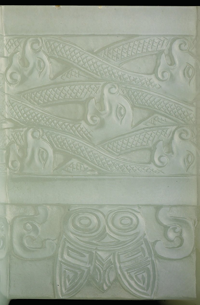Fragment archaistycznego naczynia i pokrywy, Tulu, okres Qianlong (1736-95) (blady jadeit seledynowy) (patrz także 619015) autorstwa School Chinese