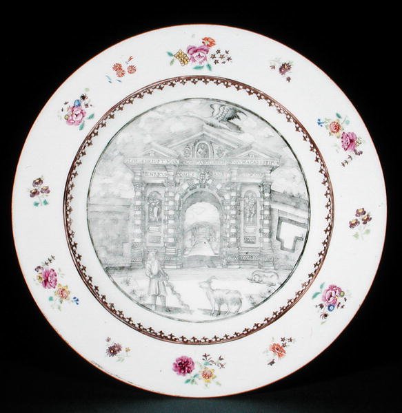 Talerz obiadowy zdobiony en grisaille emaliami Rose Famille z przedstawieniem Jakuba Bobarta (1599-1680) z kozą i psem, okres Qianlong (1736-95) (porcelana) autorstwa School Chinese
