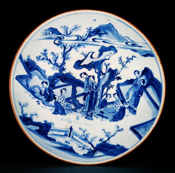 Naczynie pomalowane na niebiesko pod glazurą z postaciami dam, Okres przejściowy, ok. 1640 (porcelana) autorstwa School Chinese