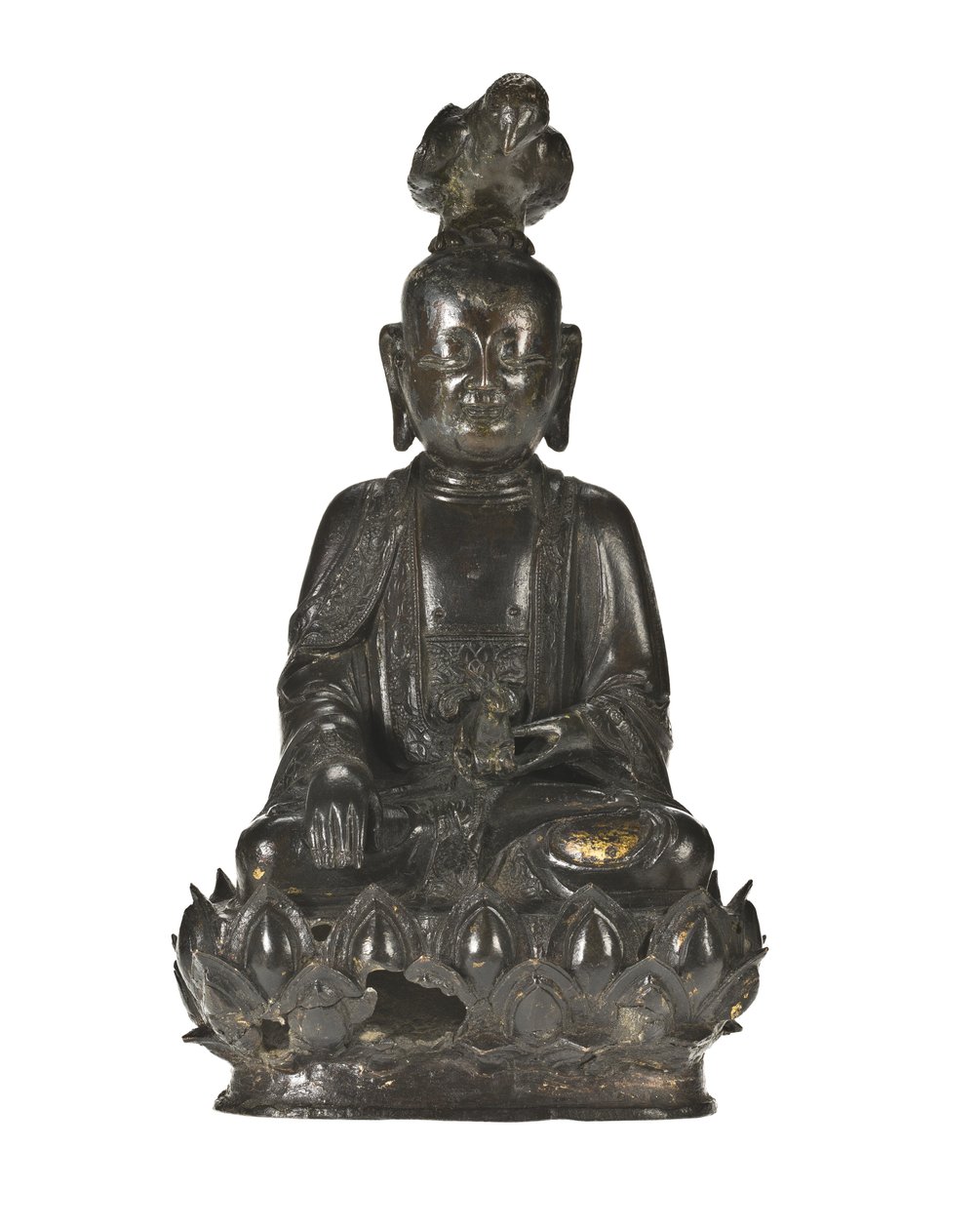 Figura Guanyin, chińskiej bogini miłosierdzia, siedzącej na bazie z motywem lotosu, z krukiem na głowie i królikiem spoczywającym w lewej ręce autorstwa School Chinese