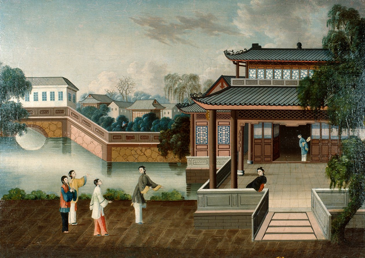 Postacie zbliżające się do rezydencji nad rzeką, ok. 1800 (olej na płótnie) autorstwa School Chinese