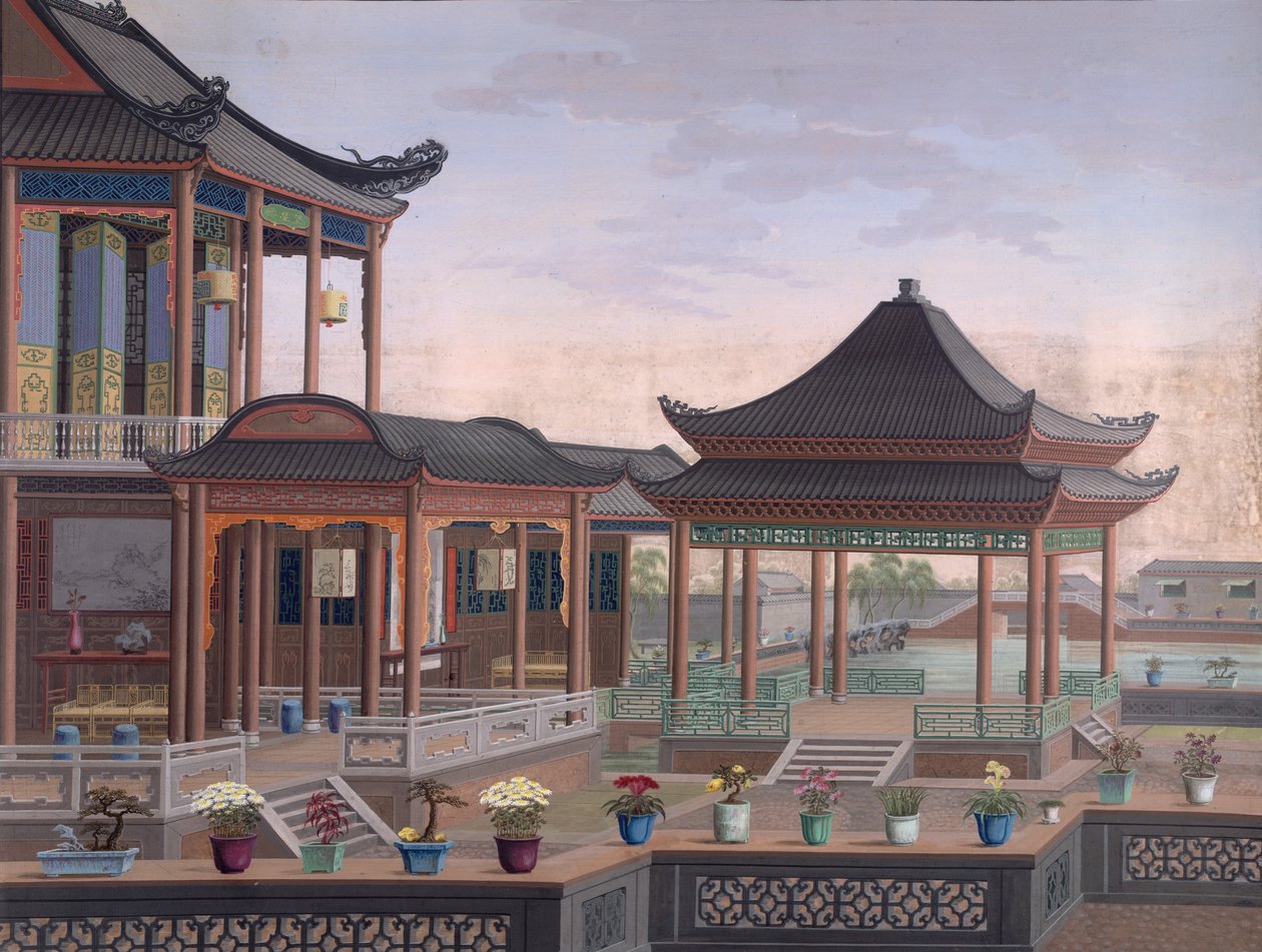 Dom chińskiego urzędnika, ok. 1800-05 (nieprzezroczysta akwarela na papierze) autorstwa School Chinese