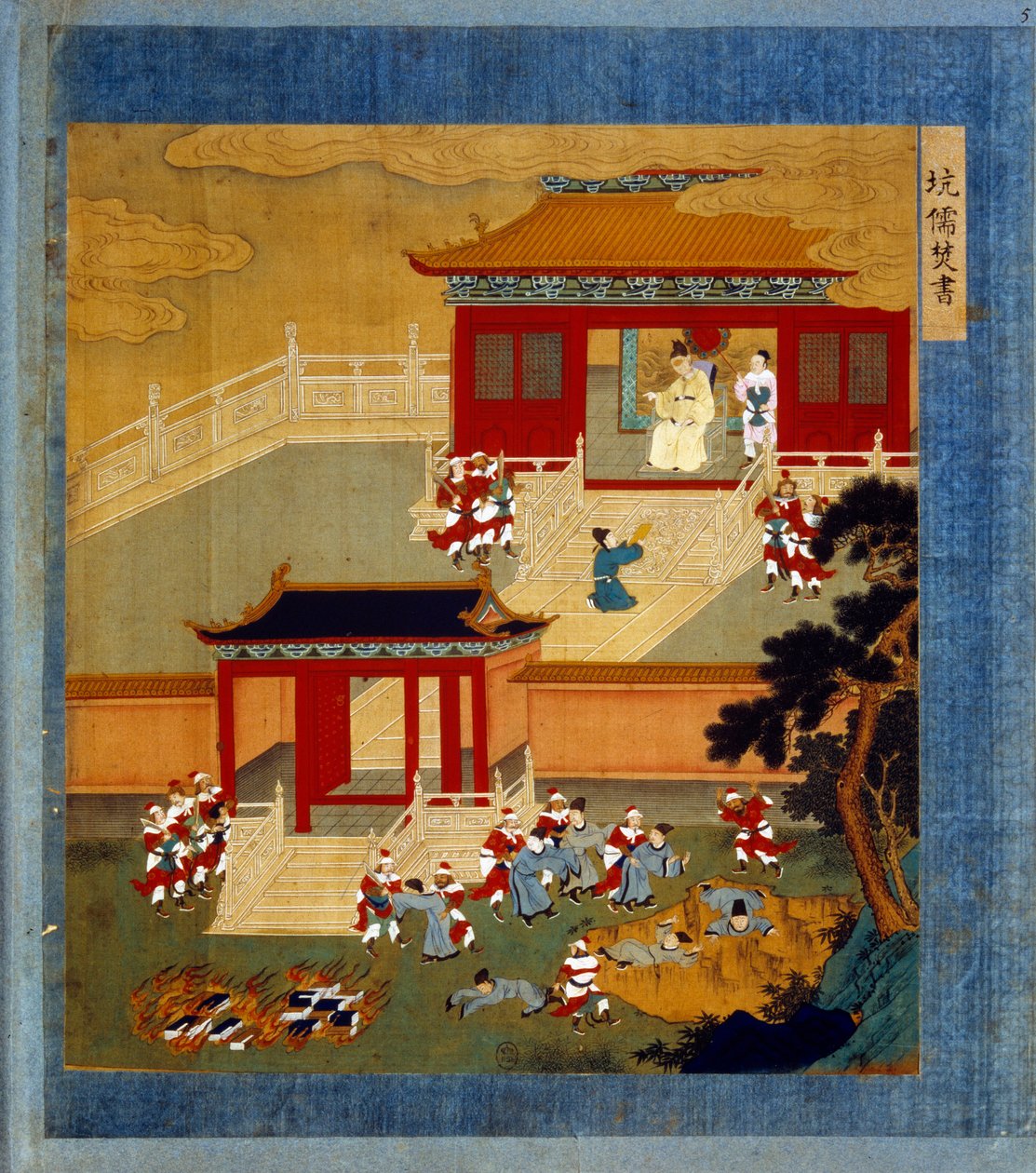 Huang Ti (Huang-Ti di także Qin Shi Huangdi), założyciel dynastii Qin (-260 do -210) spalił wszystkie chińskie księgi (autodafe) i strącił do dołu ludzi piśmiennych. Chi-Hoang jest budowniczym wielkiego muru oddzielającego Chiny od Tartarii. Miniatura w „” autorstwa School Chinese