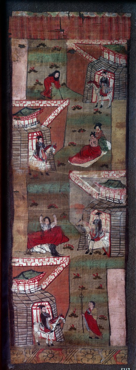 Życie Buddy: odcinek 4 spotkań Siddharthy: stary, nieszczęśliwy, chory i grabate. Malarstwo, VIII-X wiek, dynastia Tang. Paryż, Muzeum Guimet autorstwa School Chinese