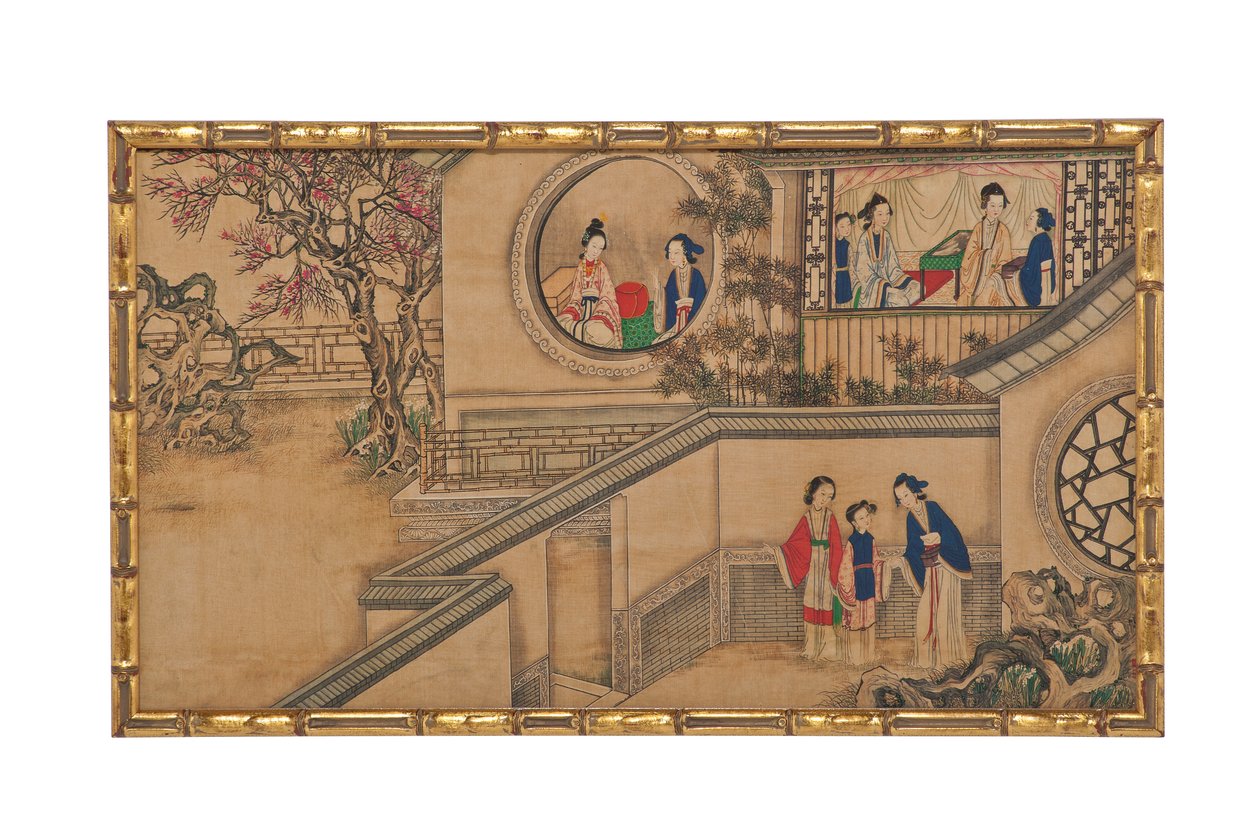 Jedna z 24 scen z Dream of the Red Chamber (tusz i kolory na jedwabiu w oprawie ze sztucznego bambusa) autorstwa School Chinese