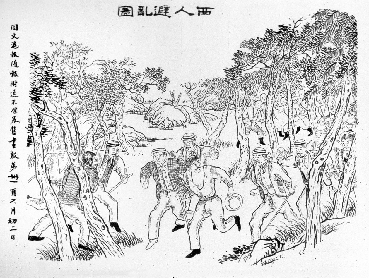 Boxer Rebellion: Europejczycy walczący z bokserami. Ilustracja opublikowana w Shanghai Journal Toung-Ouen-Hou-Pao.1899 ok. autorstwa School Chinese