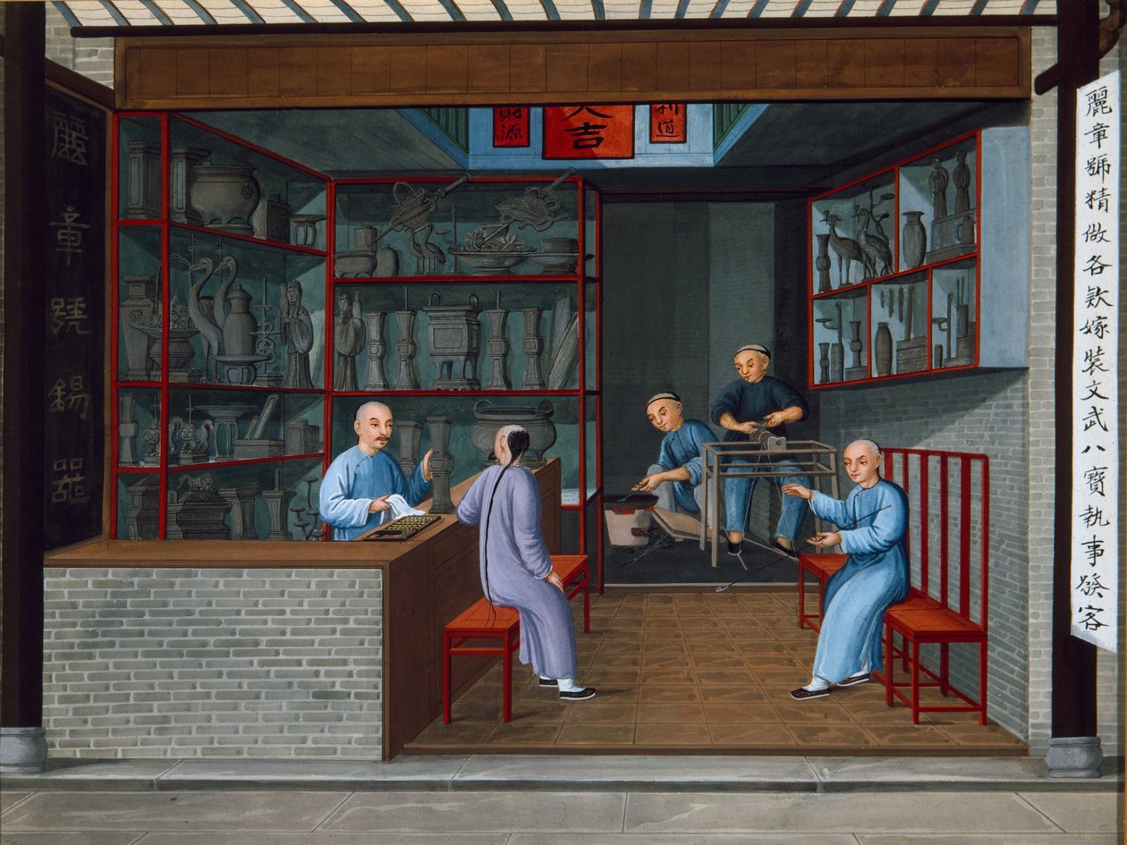 Sprzedaż narzędzi metalowych, ok. 1825 (gwasz na papierze) autorstwa School Chinese