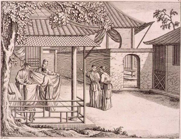 „Sprzedaż jedwabiu po splocie”, Chiny, koniec XVIII w. (drzewryt) autorstwa School Chinese