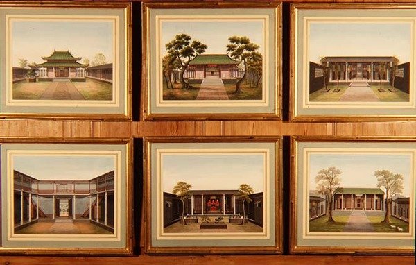 Zestaw sześciu chińskich pawilonów i scen na dziedzińcu, ok. 1780 (akwarela) autorstwa School Chinese
