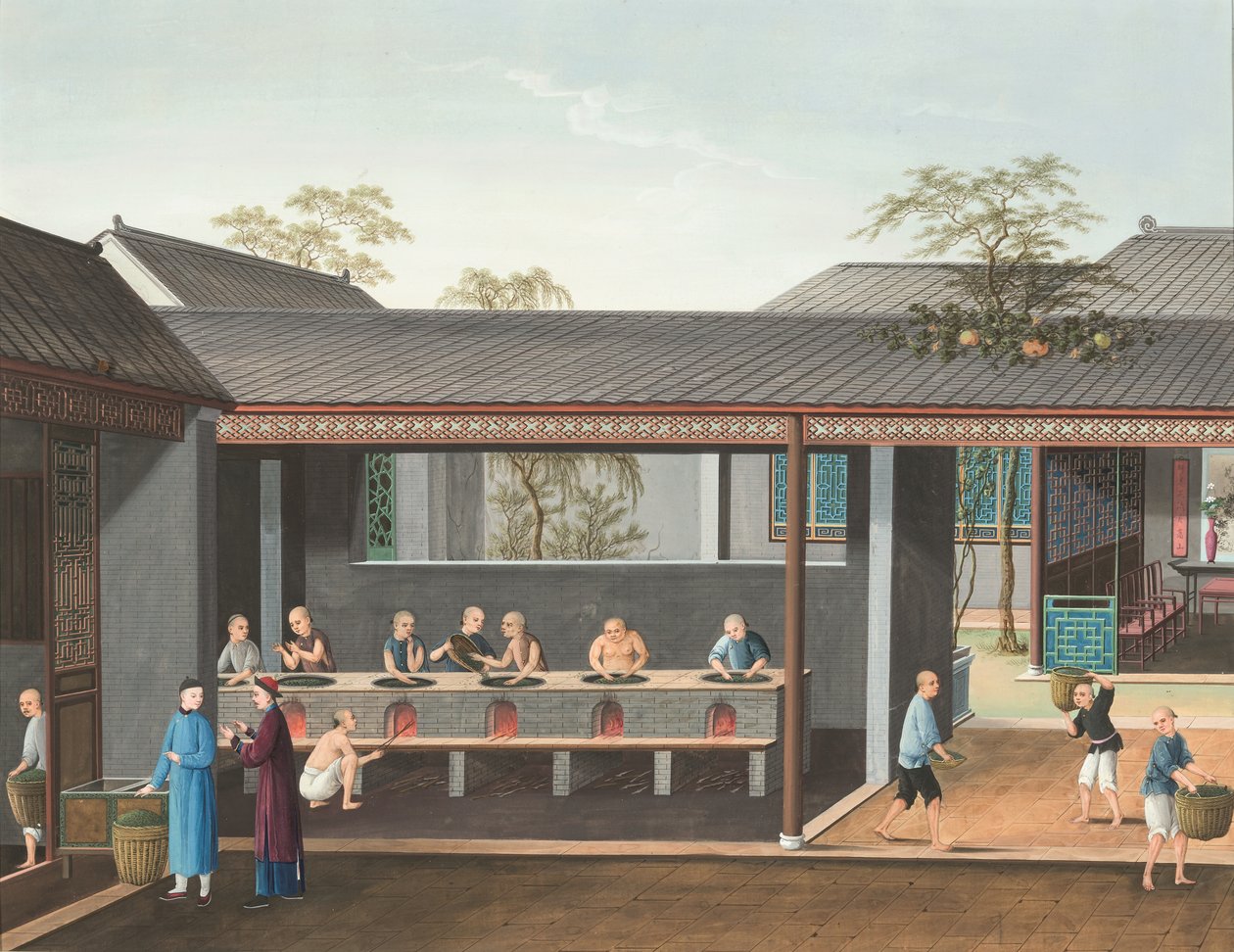 Produkcja herbaty, ok. 1820 (akwarela i złota farba na jedwabiu położonym na papierze) autorstwa School Chinese