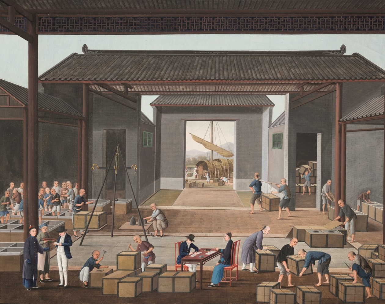 Produkcja herbaty, ok. 1820 (akwarela i złota farba na jedwabiu położonym na papierze) autorstwa School Chinese