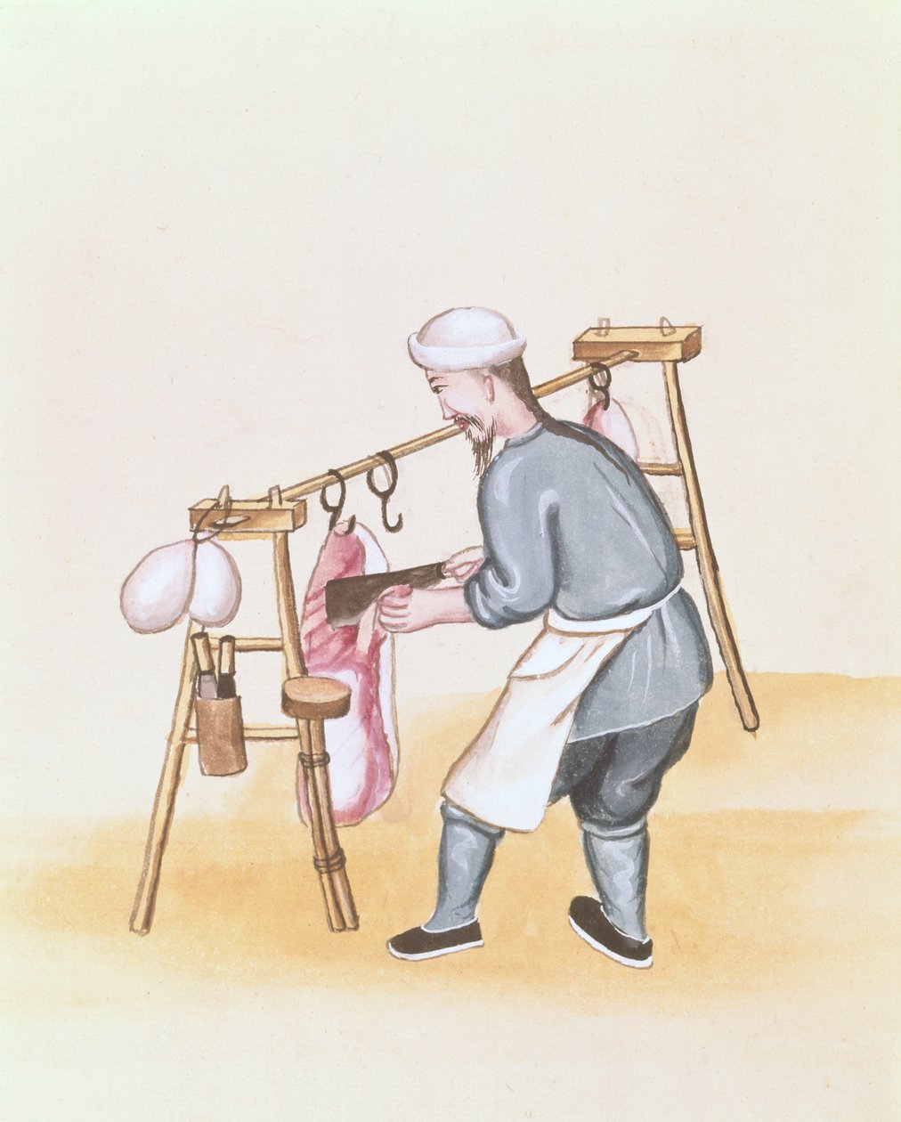 Sprzedawca mięsa, z książki o ulicznych rozmowach w Pekinie, ok. 1785 (akwarela i gwasz na papierze) autorstwa School Chinese