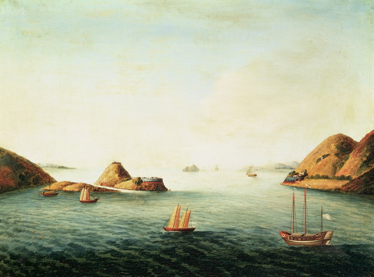 Widok Boca Tigris na Pearl River, około 1830 r. (olej na płótnie) autorstwa School Chinese