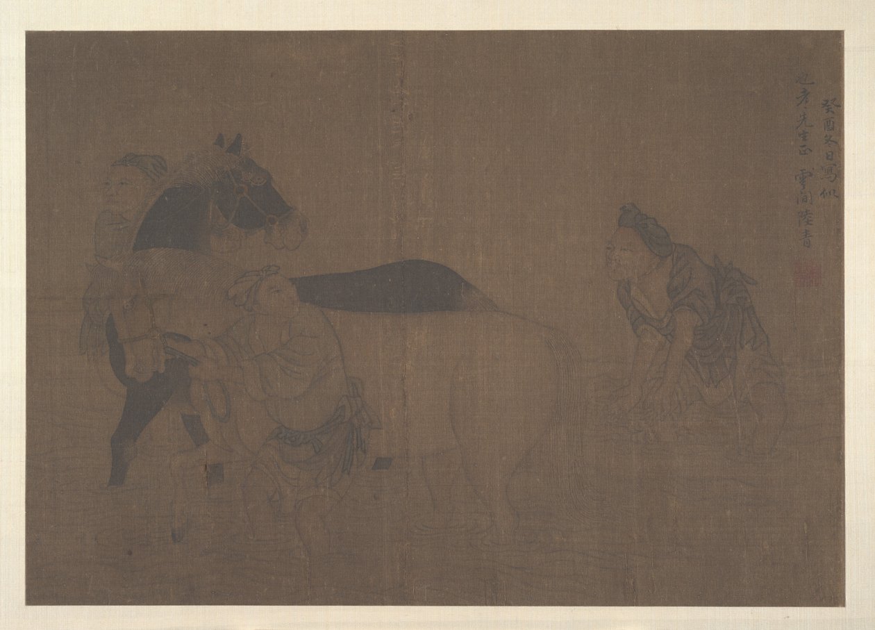 Mycie konia (liść albumu; tusz na jedwabiu) autorstwa School Chinese