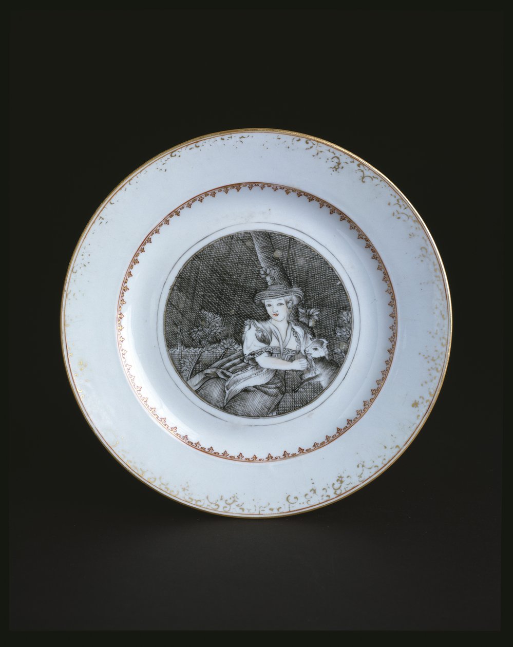 Biały talerz obramowany złotem i czerwienią z kobietą (porcelana) autorstwa School Chinese