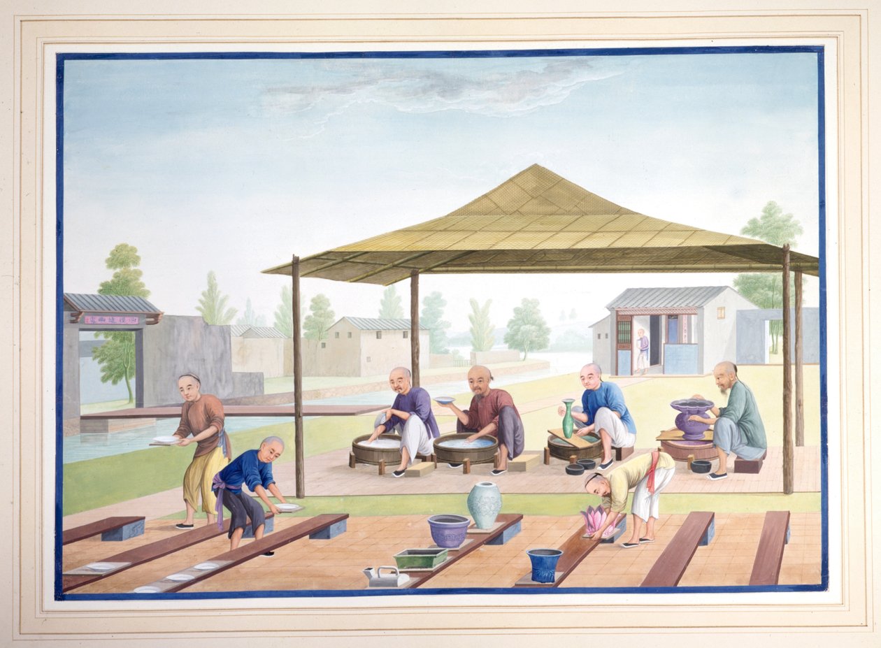 Robotnicy nakładający glazurę, ok. 1825 (gwasz na papierze) autorstwa School Chinese