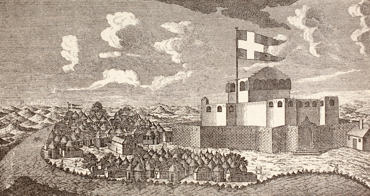 Duński fort kolonialny Fredensborg, Ningo, Ghana, tak jak wyglądał w 1760 r., z książki "Afrika, dets Opdagelse, Erobring og Kolonisation", opublikowanej w 1901 r. w Kopenhadze (litografia). autorstwa School Danish