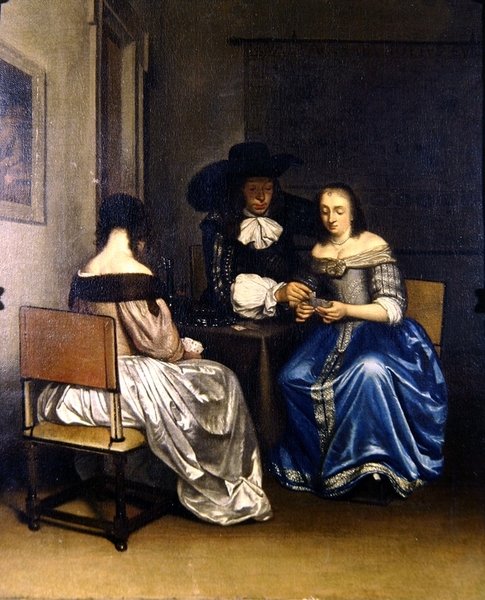 Scena wewnętrzna z graczami w karty (olej na płótnie) autorstwa School Dutch