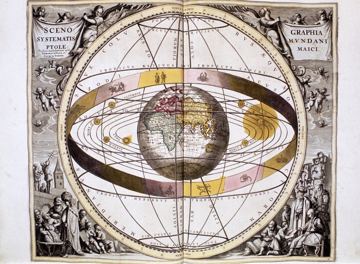 Ptolemejski, geocentryczny, skoncentrowany na Ziemi system wszechświata, pokazujący położenie Słońca, Księżyca i planet, z "Harmonia Macrocosmica" Andreasa Cellariusa, Amsterdam autorstwa School Dutch