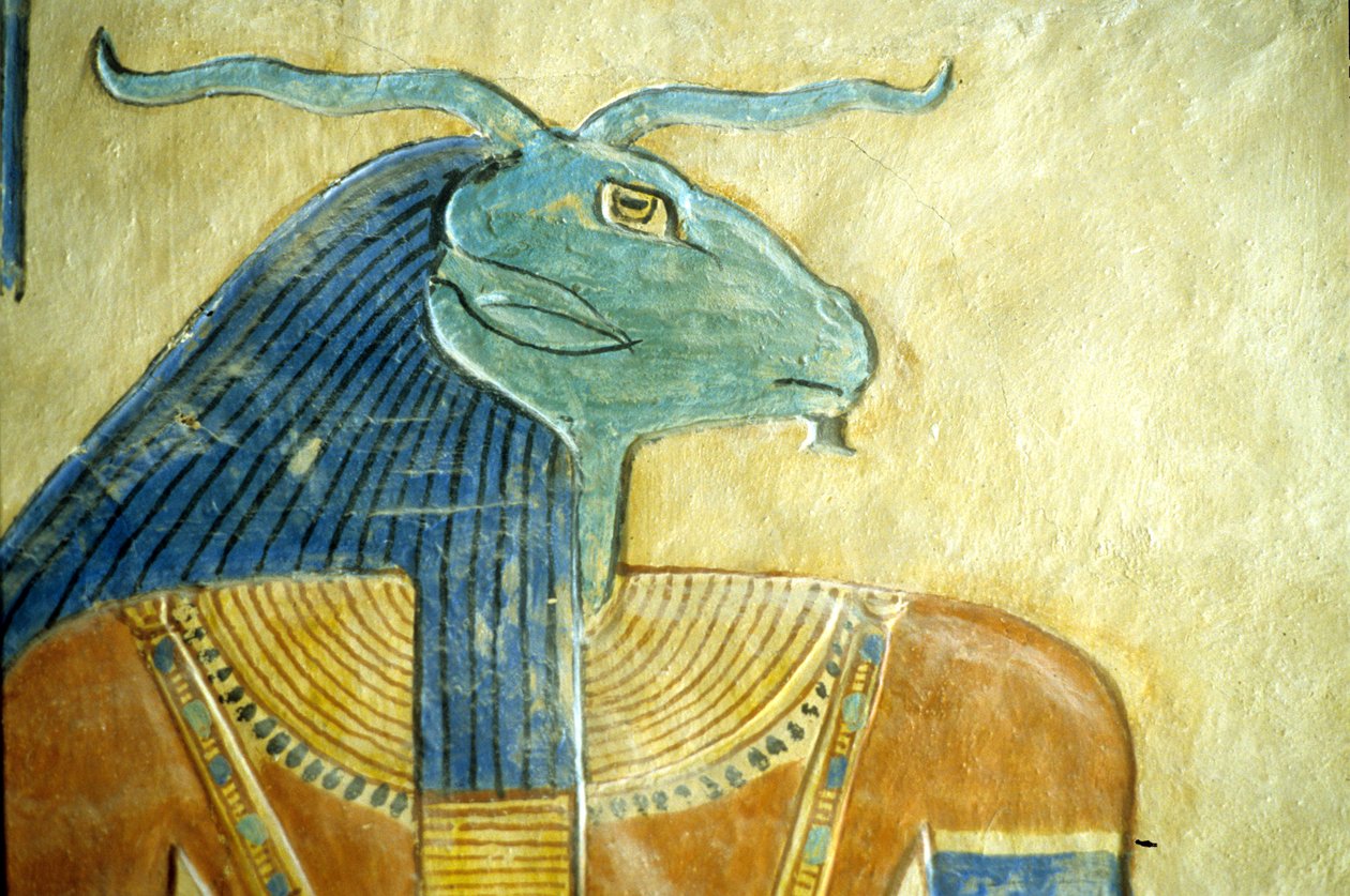 Starożytny Egipt, rzeźba/malarstwo, bóg podziemi z głową barana, grobowiec Amon hir Khopshet, Teby, 20. dynastia (zdjęcie ilustracyjne) autorstwa School Egyptian