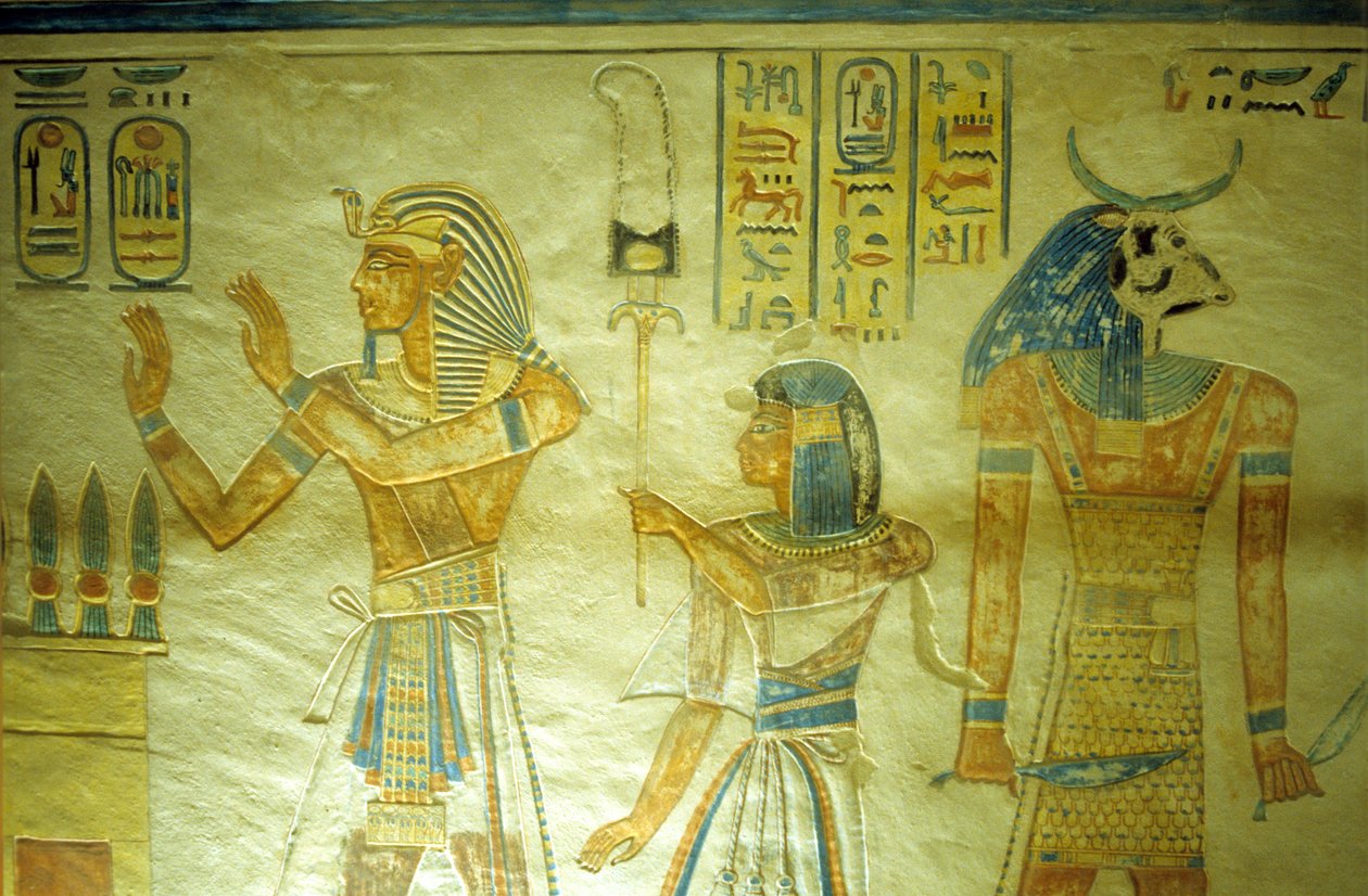 Starożytny Egipt, malarstwo/rzeźba, grobowiec Amona-Hira w Khopshef, Ramzes III z synem Amonem-Hirem niosącym sztandar autorstwa School Egyptian