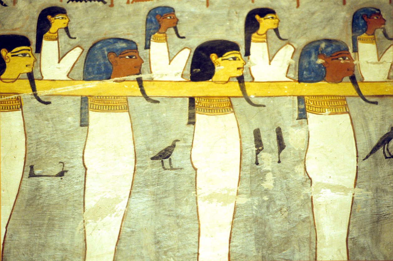 Starożytny Egipt, Malarstwo, Bogowie podziemia przywiązani do Hathor, boska krowa, holująca barkę słoneczną, Grobowiec Ramzesa I, Teby autorstwa School Egyptian