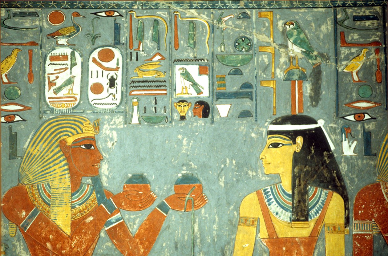 Starożytny Egipt, malarstwo, Horemheb ofiarowujący maści Hathor, grobowiec Horemheba, Teby autorstwa School Egyptian