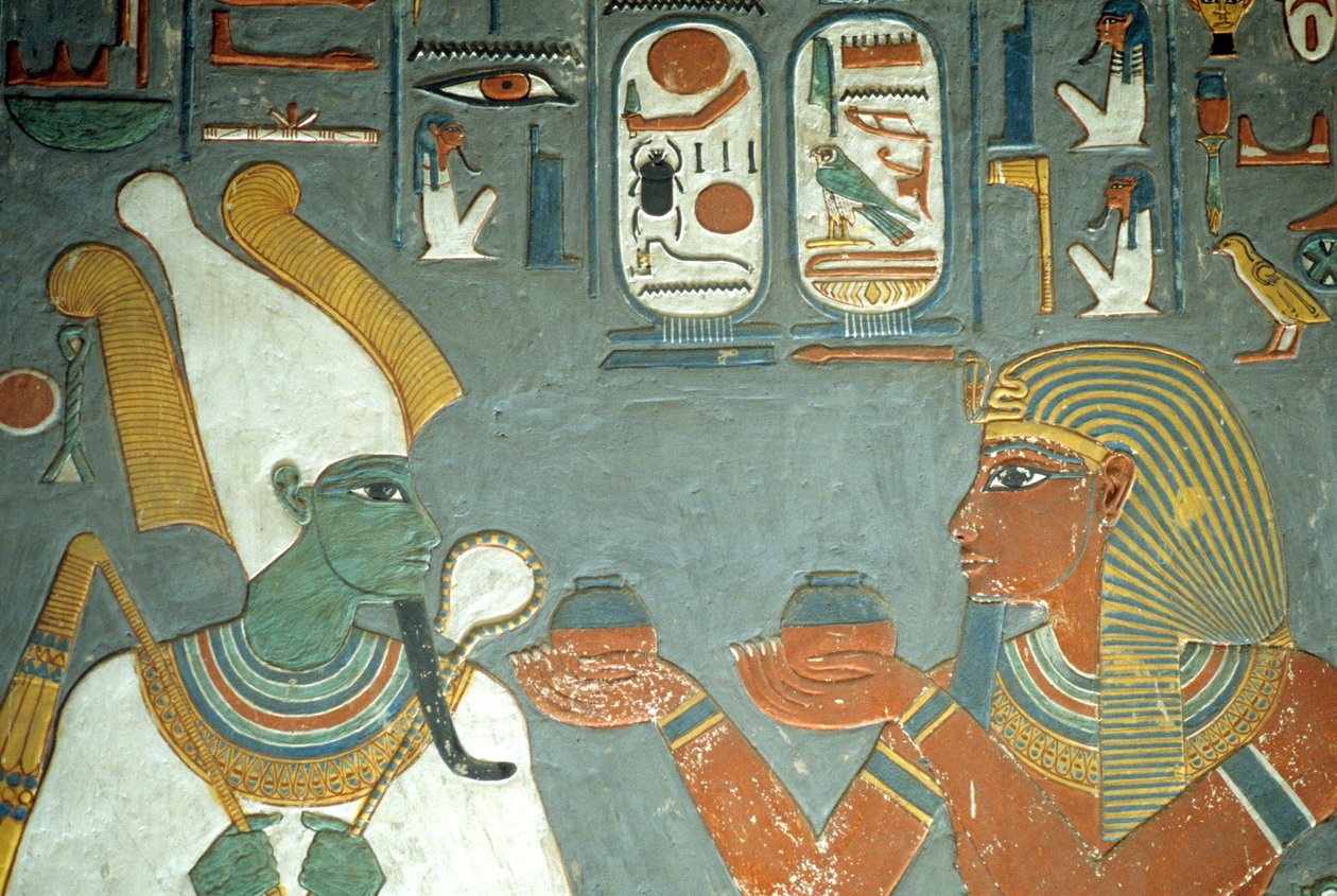 Starożytny Egipt, malarstwo, Horemheb ofiarowujący maści Ozyrysowi, grobowiec Horemheba, Teby autorstwa School Egyptian