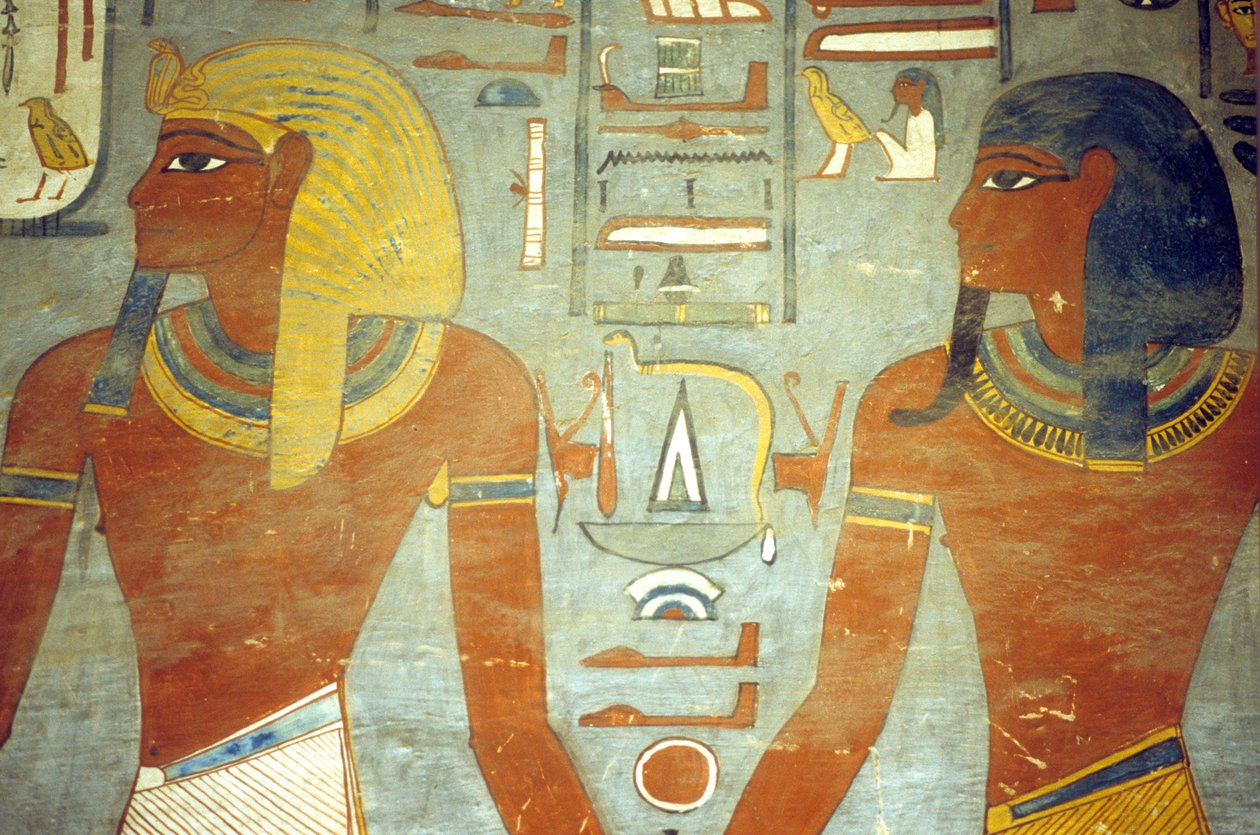 Starożytny Egipt, malarstwo, grobowiec Ramzesa I, Ramzes I z bogiem Harsiesis autorstwa School Egyptian