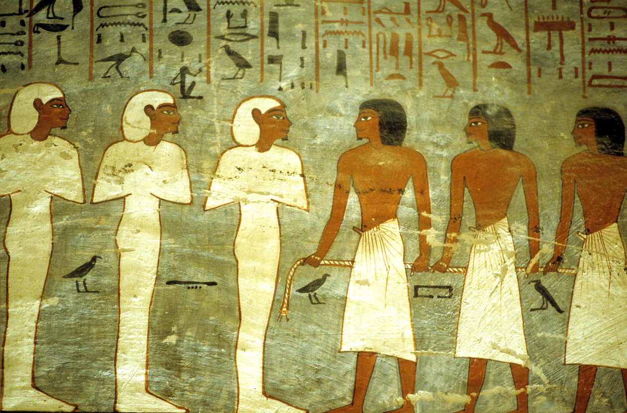 Starożytny Egipt, Malowidło, Grobowiec Ramzesa I, Trzej mumiformiczni bogowie, trzej bogowie holujący barkę słoneczną autorstwa School Egyptian