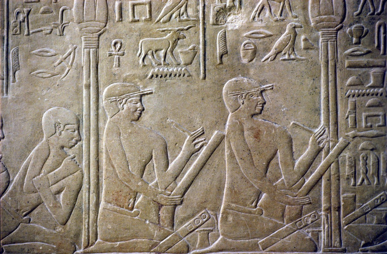 Starożytny Egipt, relief/rzeźba, grobowiec Merereuka, mastaba Merereuka, VI dynastia, Sakkara, starszyzna wioski zmuszona do przyznania się urzędnikom do błędnych zeznań podatkowych (zdjęcie ilustracyjne) autorstwa School Egyptian