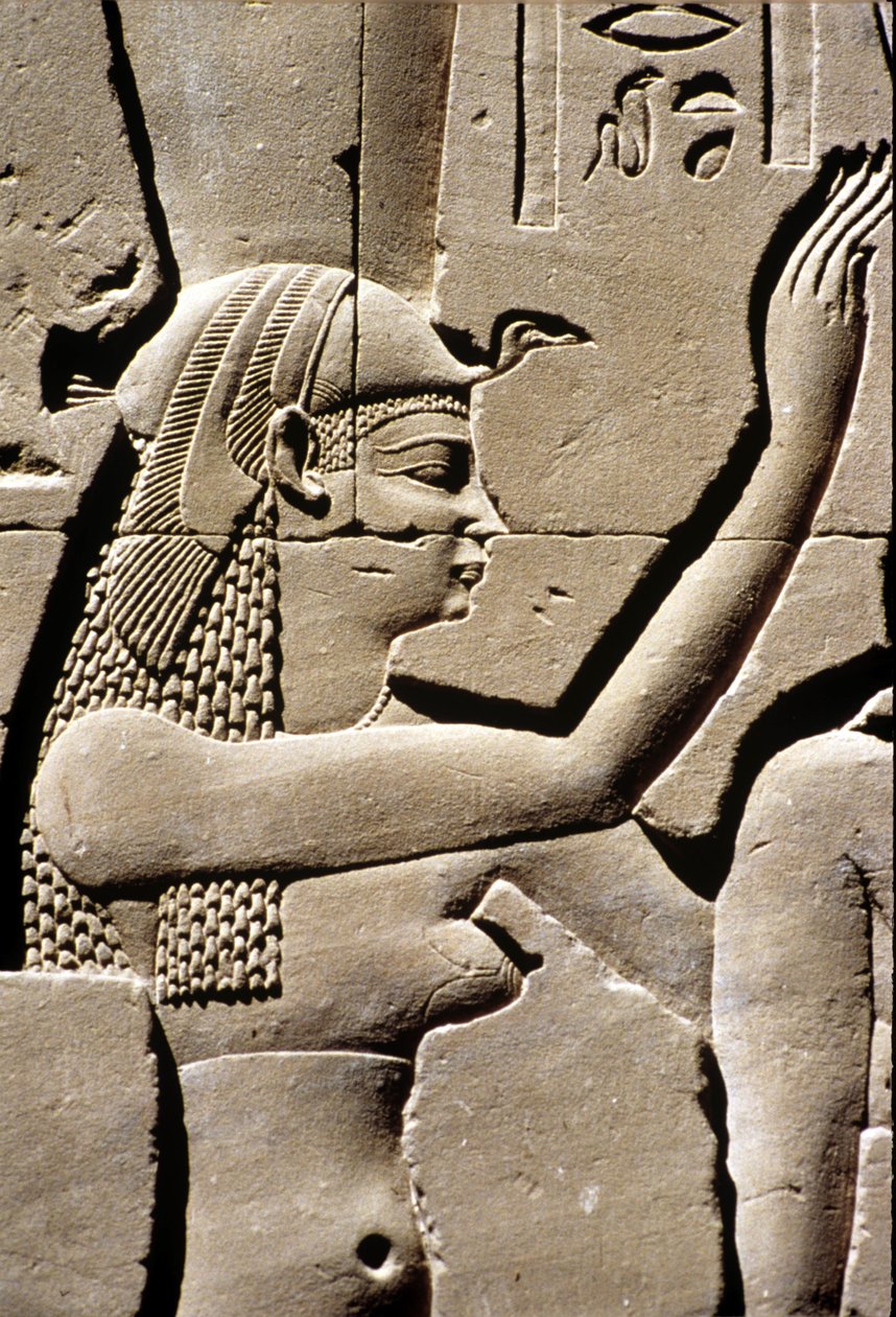 Starożytny Egipt, rzeźba ścienna, bogini Izyda, świątynia Horusa, Edfu, 237-57 p.n.e. (zdjęcie ilustracyjne) autorstwa School Egyptian