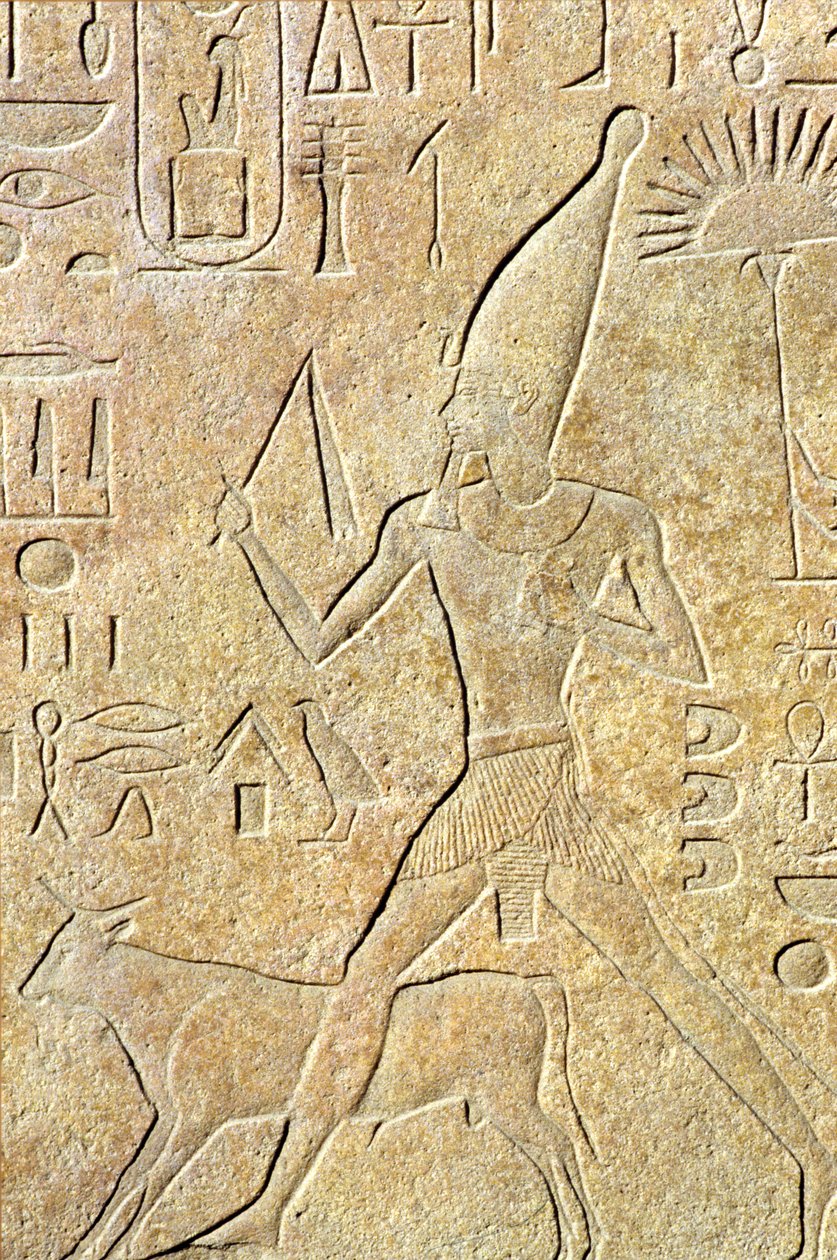 Starożytny Egipt, rzeźba ścienna, Karnak/Luxor, Hatszepsut prowadząca byka, Festiwal Heb-sed autorstwa School Egyptian