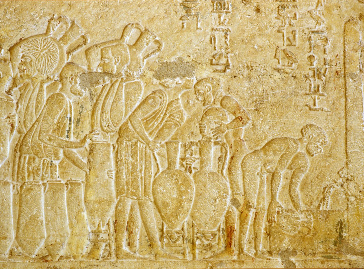 Muinainen Egypti, Seinien kaiverrus, Petosiriksen hauta, 300 eKr., Tunael Gebel, Viinin (valokuva)kiillotuksen kerääminen ja pullotus autorstwa School Egyptian