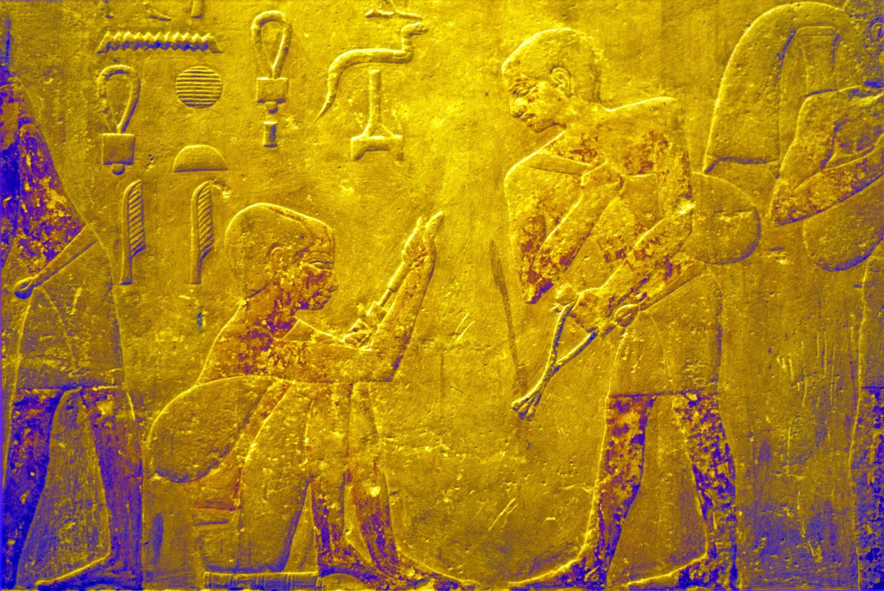 Muinainen Egypti, Seinien kaiverrus/maalaus, Mastaba/Ti-hauta, Saqqara, 5. dynastia, Tavaroiden kauppa torilla (valokuva)kiillotus autorstwa School Egyptian