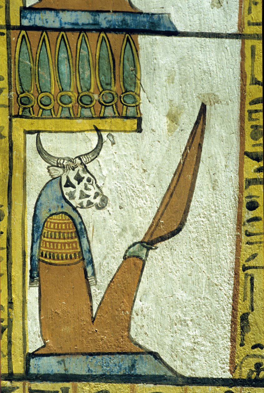 Starożytny Egipt, Malowidło ścienne, Bóg podziemi z głową krowy, Grób Sennedżema, Teby, Deir el Medina autorstwa School Egyptian