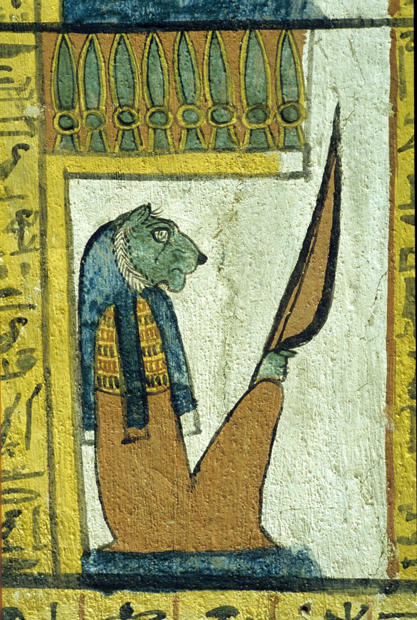 Starożytny Egipt, malowidło ścienne, bóg podziemi z głową lwa, grobowiec Sennedżema, Teby, Deir el Medina autorstwa School Egyptian