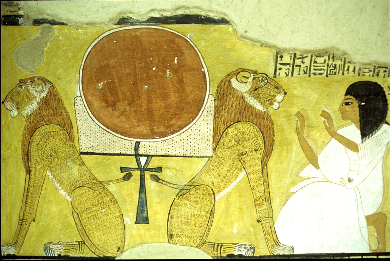 Starożytny Egipt, Malowidło ścienne Grobowiec Inherkhau, Teby, Inherkhau adorujący dwa lwy, strażnicy dziś i jutro, XX dynastia (zdjęcie) autorstwa School Egyptian