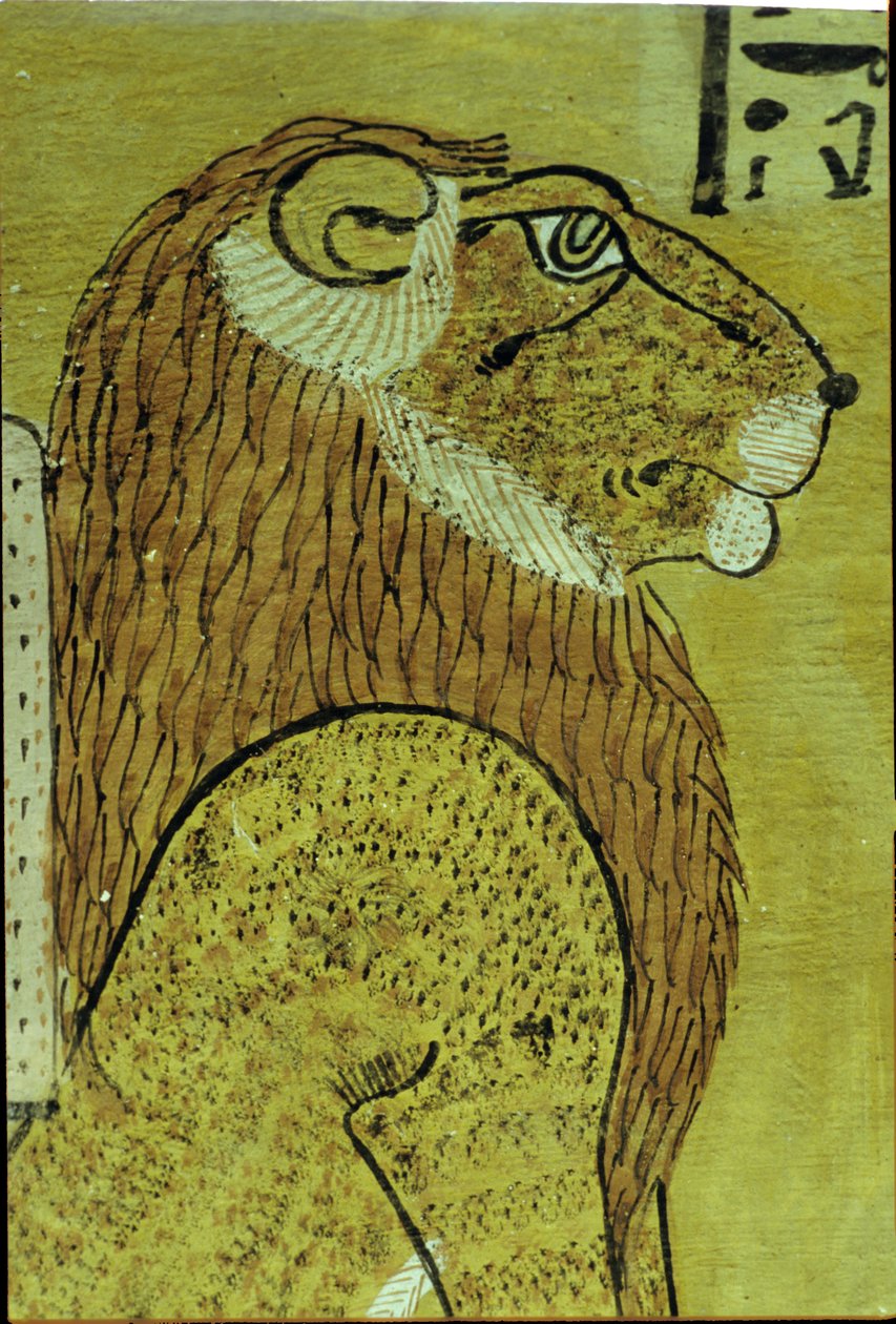 Starożytny Egipt, Malowidło ścienne, Grobowiec Inherkhau, Teby, Jeden z dwóch lwów, strażników dnia dzisiejszego i jutra, XX dynastia (zdjęcie ilustracyjne) autorstwa School Egyptian