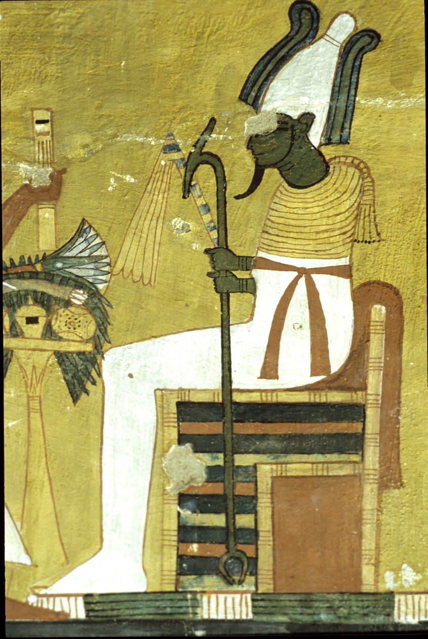 Starożytny Egipt, malowidło ścienne Grobowiec Inherkhau, Teby, Ozyrys siedzący przed stołem ofiarnym, 20. dynastia (zdjęcie ilustracyjne) autorstwa School Egyptian