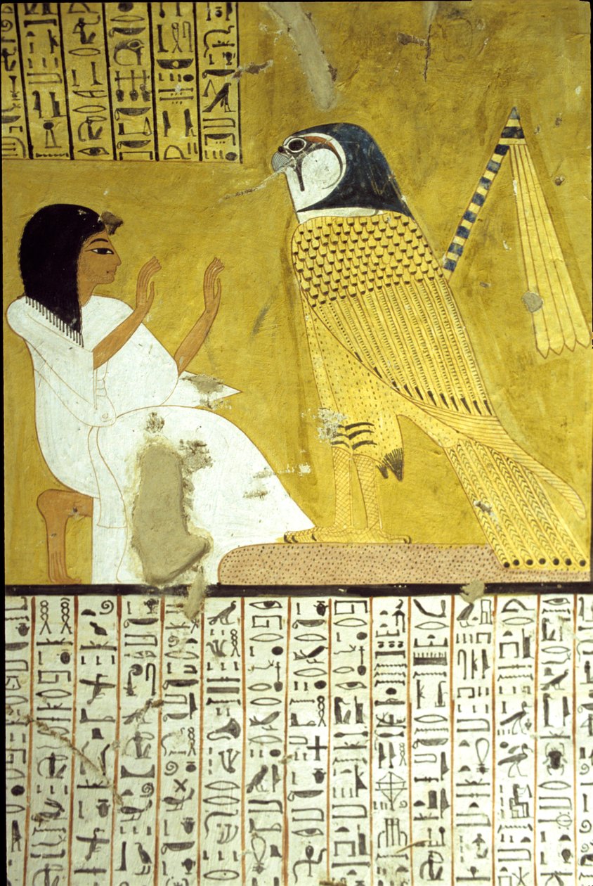 Starożytny Egipt, malowidło ścienne Grobowiec Inherkhau, Teby, Grobowiec Szlachty, XX dynastia, Inkherhau czczący jastrzębia Horusa (zdjęcie) autorstwa School Egyptian