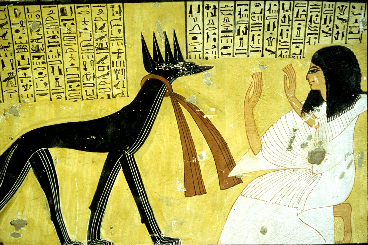 Starożytny Egipt, malowidło ścienne Grobowiec Inherkhau, Teby, Grobowiec Szlachetnych, XX dynastia, Inherkhau czczący bogów-szakali (zdjęcie) autorstwa School Egyptian