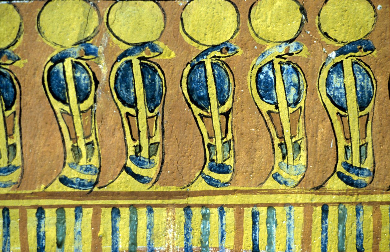 Starożytny Egipt, malowidło ścienne, węże Uraeus strzegące świątyni Ozyrysa, grobowiec Sennedżema, Teby, Deir el Medna autorstwa School Egyptian